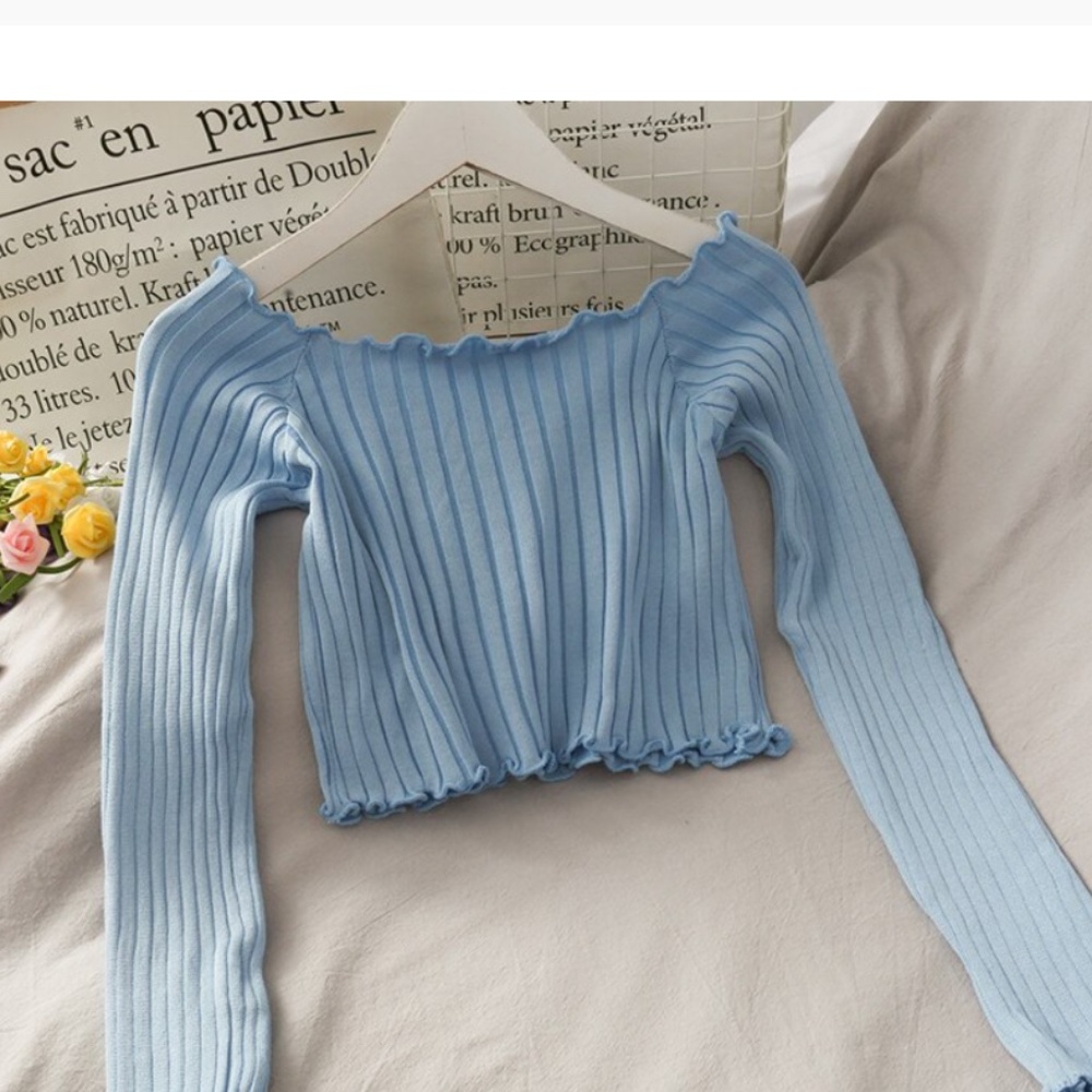 Off Shoulder Knitted Blue Crop Top Long Sleeve